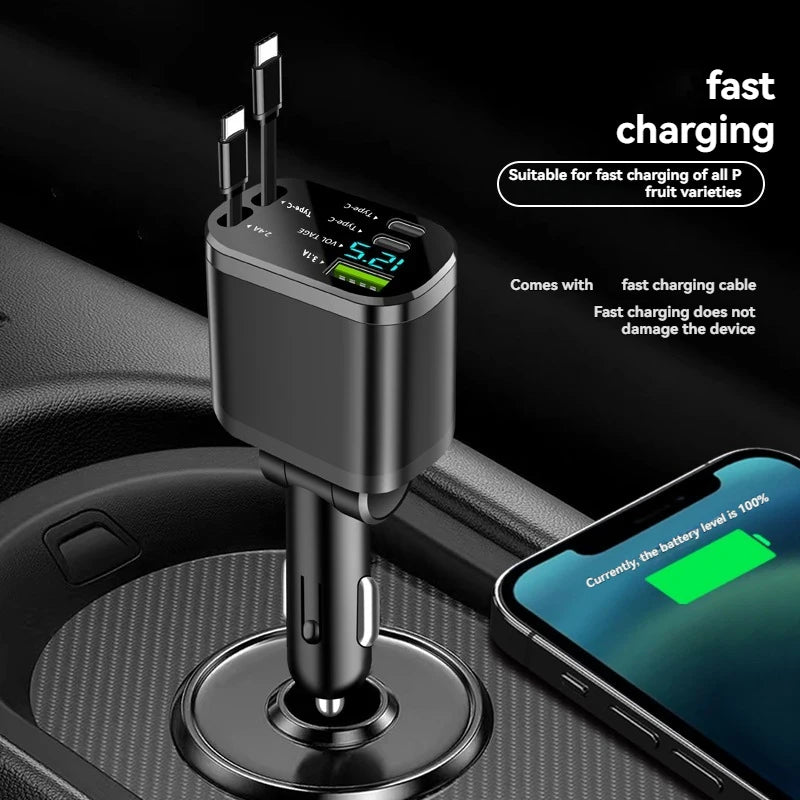 Car charger, car charger with retractable cable, car PD, car fast charging, super fast charging, flash charging, five in one cig
