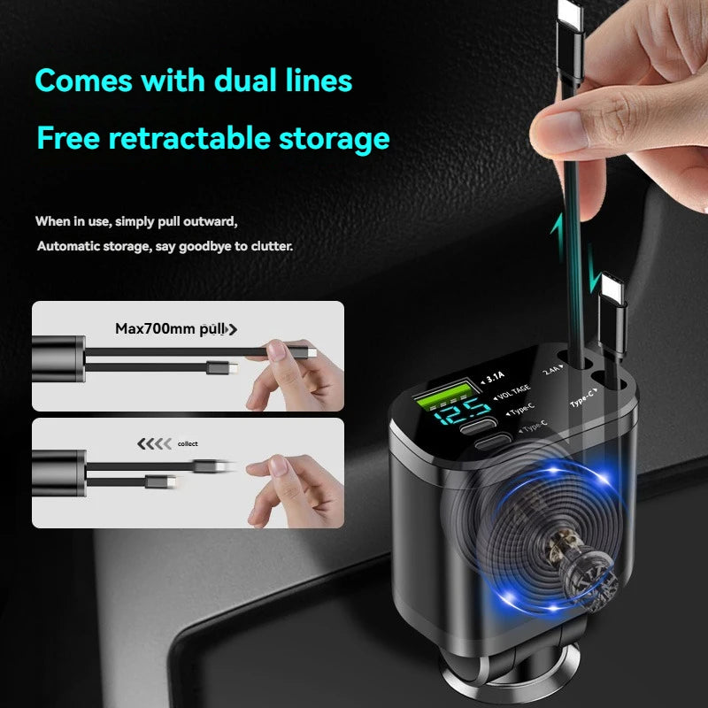 Car charger, car charger with retractable cable, car PD, car fast charging, super fast charging, flash charging, five in one cig