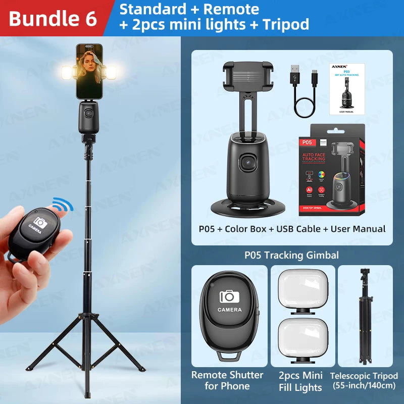 AI Auto-Tracking Phone Gimbal 360° Rotating Face Tracking Stabilizer Portable Desktop Holder for Live Streaming & Photo Shooting