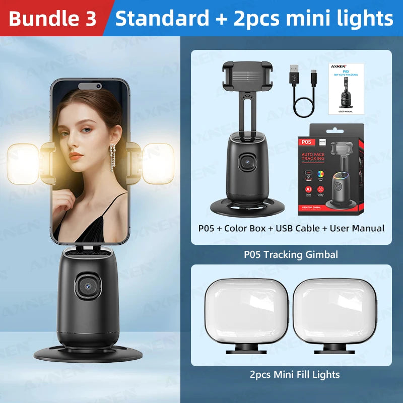 AI Auto-Tracking Phone Gimbal 360° Rotating Face Tracking Stabilizer Portable Desktop Holder for Live Streaming & Photo Shooting