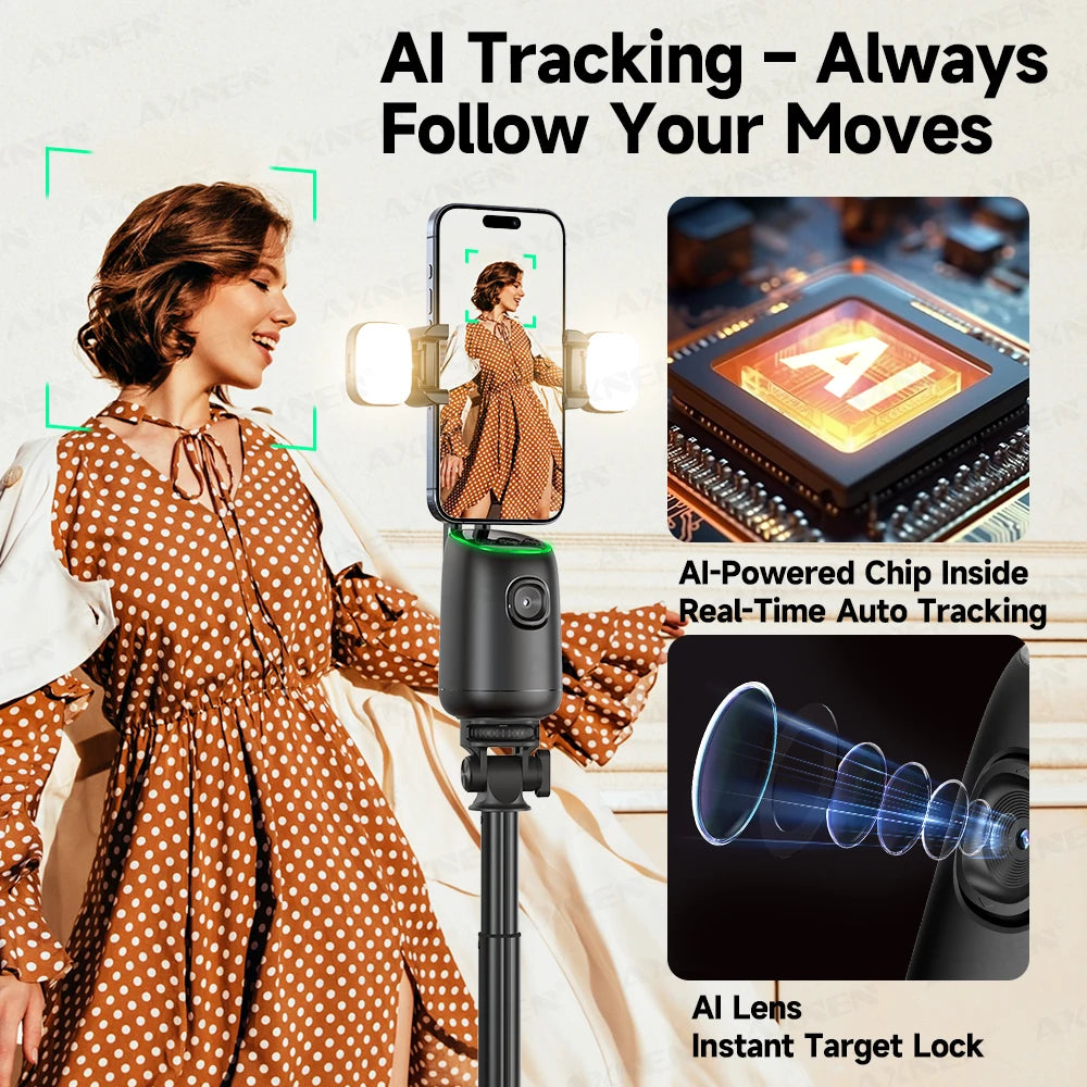 AI Auto-Tracking Phone Gimbal 360° Rotating Face Tracking Stabilizer Portable Desktop Holder for Live Streaming & Photo Shooting