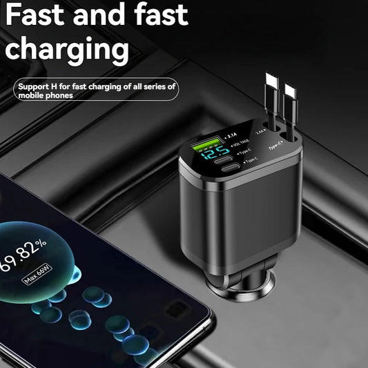 Car charger, car charger with retractable cable, car PD, car fast charging, super fast charging, flash charging, five in one cig