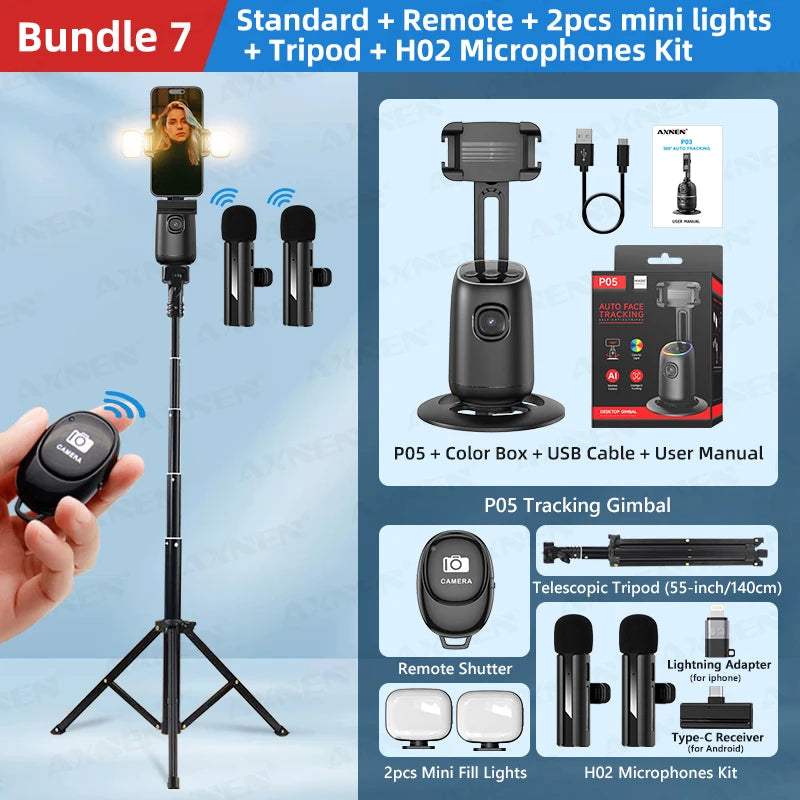 AI Auto-Tracking Phone Gimbal 360° Rotating Face Tracking Stabilizer Portable Desktop Holder for Live Streaming & Photo Shooting